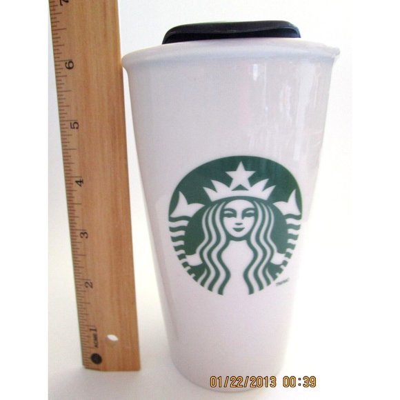 Starbucks Green Mermaid Logo Ceramic White coffee/tea mug & lid - 12 fl.oz 2011 - Picture 11 of 12
